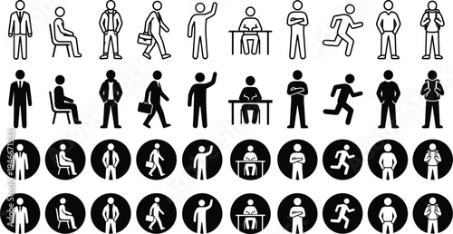 Set of human stick figure icons showing different poses walking sitting working running office actions minimal vector pictogram collection isolated concept