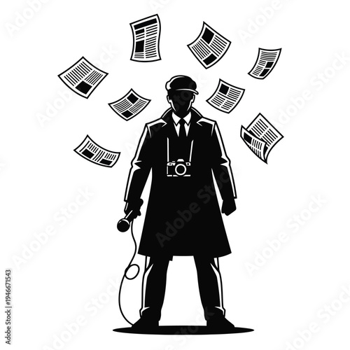 Man in a long coat and hat with a camera and microphone surrounded by flying newspapers