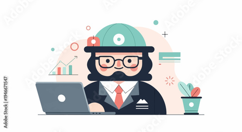 Animated businessman with laptop, charts, and potted plant