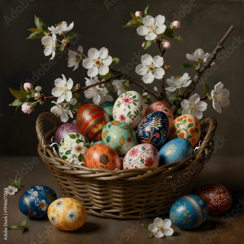 Basket filled with colorful hand-painted Easter eggs and spring blossoms in a classic still life scene. Decorative eggs and flowering branches create a festive seasonal atmosphere.