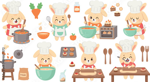 Cute bunny chef cooking and baking collection with cupcakes oven mixing bowl kitchen utensils cartoon rabbit vector illustration