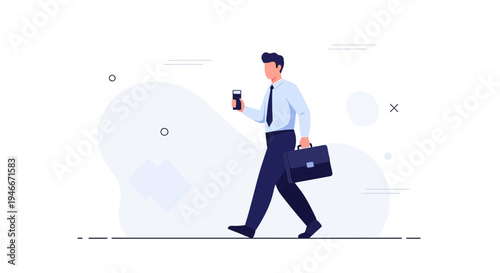 Businessman walking with briefcase and smartphone, modern flat illustration