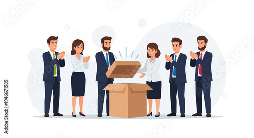 Business team celebrates product launch, opening a surprise gift box with excitement