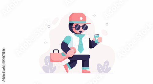 Animated businessperson in hat, sunglasses, suit, holding briefcase and phone