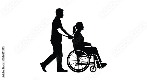 Man pushing woman in wheelchair silhouette isolated on white background