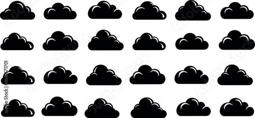 Black cloud silhouette icons set with various fluffy shapes and weather symbols isolated on white background for minimalist vector design.