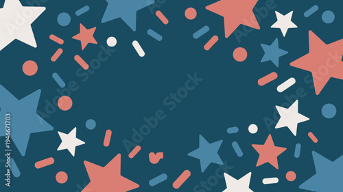 A vibrant and festive background featuring a mix of stars and confetti in red, white, and blue colors on a dark blue background.