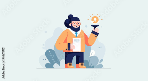 Animated character holds a document and a glowing lightbulb, symbolizing ideas