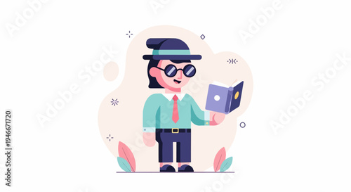 Animated character in a hat and glasses reading a book