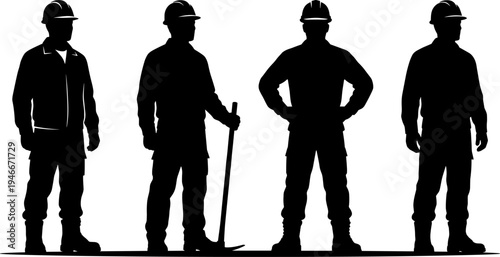 Construction worker silhouettes set, builders wearing safety helmets holding tools industrial labor profession vector illustration collection isolated