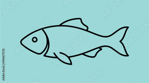Simple Line Drawing of a Fish on a Teal Background.