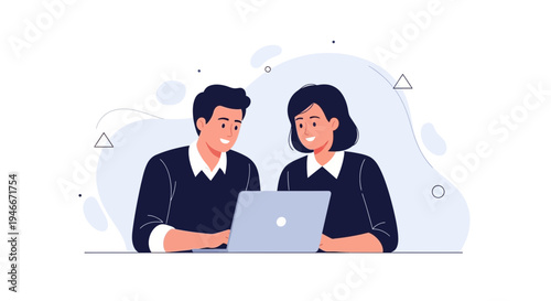 Two colleagues collaborating on a laptop, teamwork and business concept