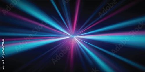 Abstract explosion of cyan and pink light lines from a central bright point, futuristic digital art background, motion blur