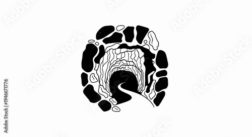 Abstract tunnel entrance with rocky texture and a winding path leading into darkness