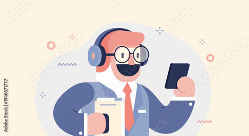 Animated businessman with headphones and phone, holding documents