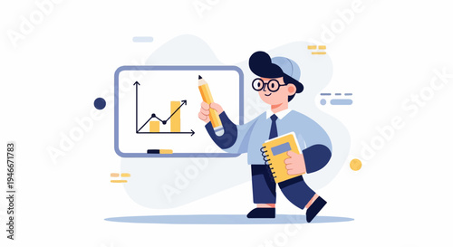Animated figure with glasses and cap points at bar chart with pencil