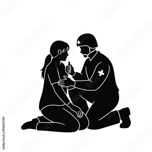 Paramedic treating injured woman on the ground with medical care and assistance