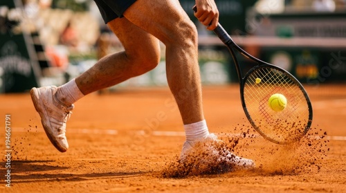 Man playing tennis on clay court with racket and ball in motion  sports action scene