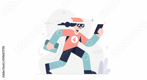 Active person in sporty attire holding a phone and a briefcase while running