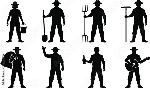 Farmer silhouettes collection, rural agriculture workers with shovel rake pitchfork bucket sack guitar farming lifestyle vector illustration set isolated