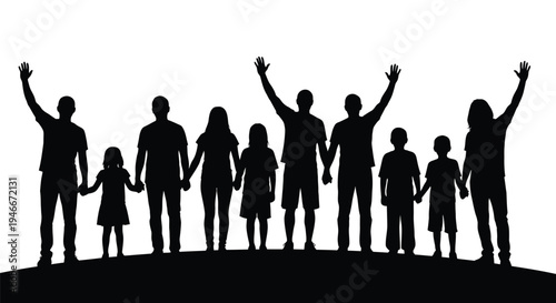 Silhouette of diverse group of people standing together on hill  happy family and friends