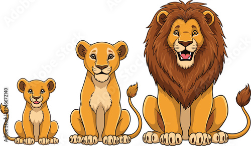Cartoon Lion Family Including Father, Mother, and Cub for Wildlife, Animals, and Nature Illustration Graphics