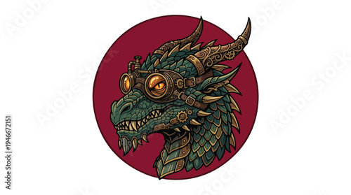 Steampunk Dragon Head with Goggles Illustration 1.
