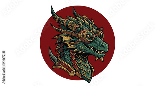 Steampunk Dragon Head with Goggles Illustration.