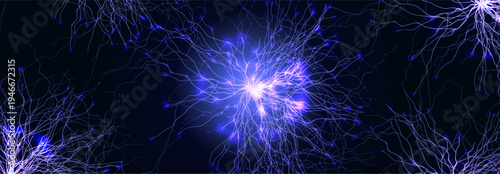 Neural Network Brain Neurone Synapse Connections Lightning Ball Energy Glow. Machine Learning Technology Background for AI Data Flow, BigData, Medical Science Research, Biotech. Vector illustration