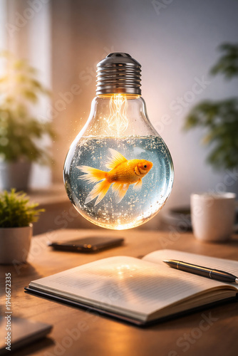 Surreal Goldfish Inside Glowing Light Bulb – Creative Idea and Imagination Concept