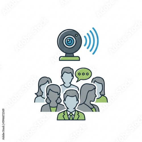 A group of people communicating with a webcam for online meeting or video conference