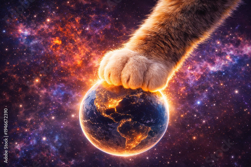 Giant Cat Paw Touching Planet Earth in Space – Surreal Cosmic Fantasy Concept