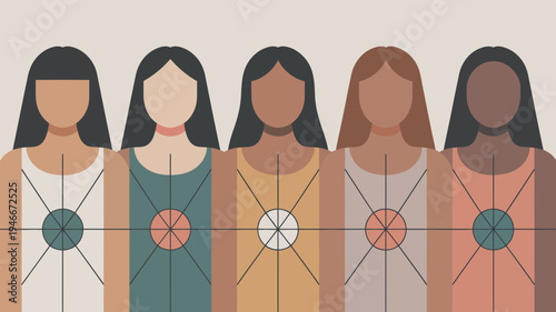 A diverse group of women with different skin tones and hairstyles standing together in unity and solidarity