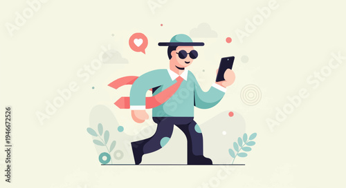 Animated character in hat and sunglasses, holding phone, with scarf flowing