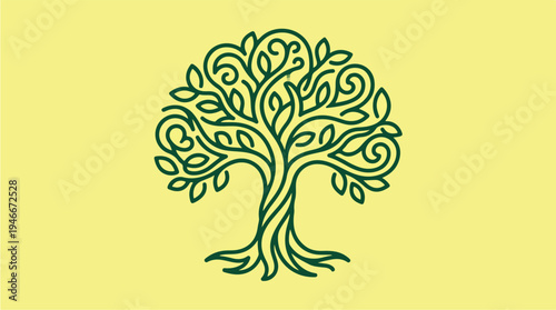 Stylized Green Tree of Life Illustration on Yellow Background.