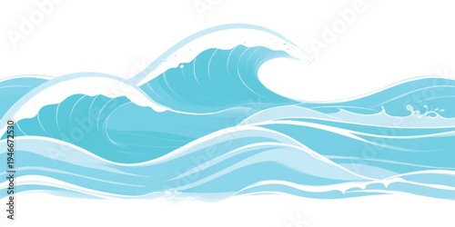 Stylized depiction of breaking ocean waves in blue and white with wave crest