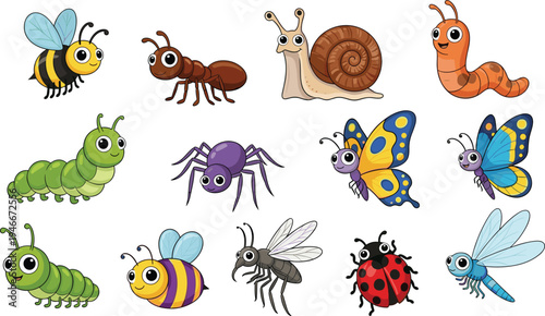 Cartoon Insects Including Bees, Ants, Butterflies, and Snails for Nature, Bugs, and Kids Illustration Graphics