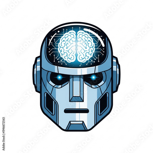 Robot head with glowing blue brain inside helmet
