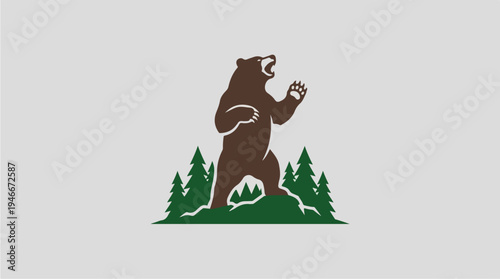 Stylized Illustration of a Fierce Brown Bear Standing Tall Amidst Pine Trees.