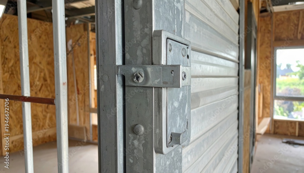Fototapeta premium A close-up view of the robust locking mechanism on a reinforced galvanized steel window shutter, bolted for maximum security.