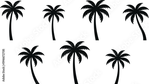 Black silhouette illustrations of palm trees in various poses and sizes on a white background for design and graphic use