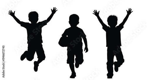 Three black silhouette boys jumping with arms up and running with bag outdoors