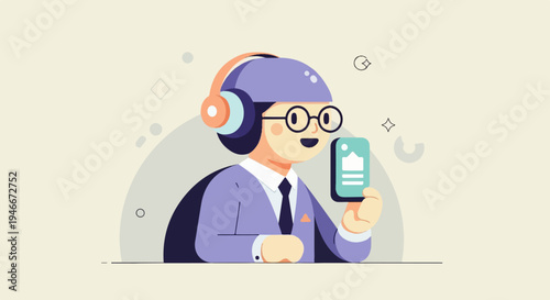 Animated character in headphones holds smartphone with abstract background