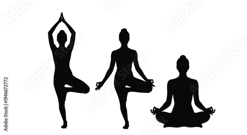 Three women in different yoga poses isolated on white background