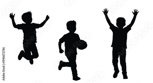 Three boys in different active poses isolated on white background