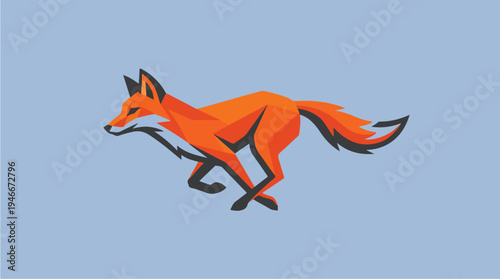 Stylized Orange Fox Running with Tail High on Light Blue Background.