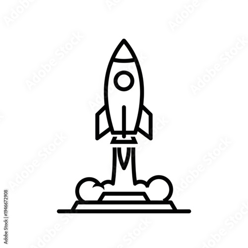A black line art illustration of a rocket launching into space with flames and smoke