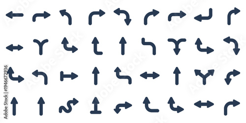 Left Curve Ahead Road Warning Sign Icon, black arrow traffic direction symbol, vector illustration isolated on white background for navigation, traffic safety, and road signage design.