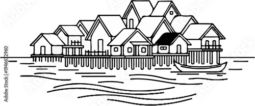 A village of stilt houses on a body of water with a small boat