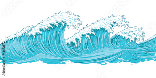 Stylized ocean waves with white crests and light blue water in illustration style, perfect for backgrounds and designs, abstract background, ocean wave, sea wave